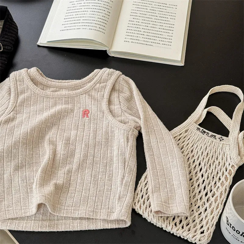 長袖Tシャツ beige / 12M  80CM キッズトップス ニット 長袖ドッキングカットソー 2カラー