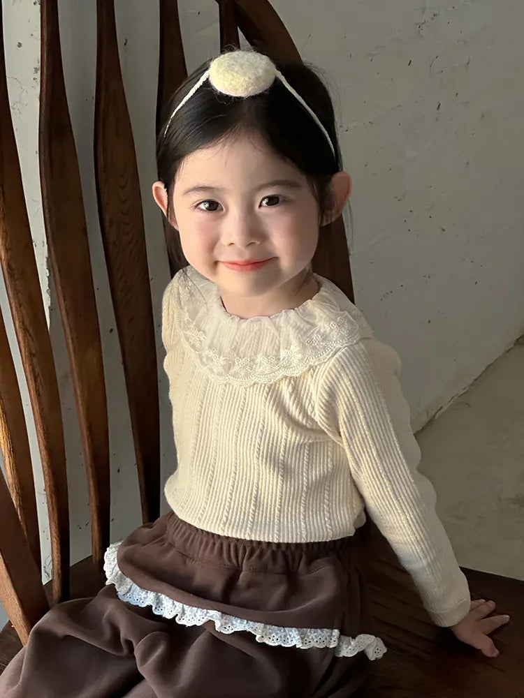 長袖Tシャツ Beige / 2T (90) キッズトップス レース襟リブ長袖Tシャツカットソー 4カラー【mh0006854】