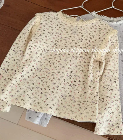 長袖Tシャツ beige / 2T (90) キッズトップス フラワー花柄プリントレース縁取り長袖Tシャツ【mh-0008676】