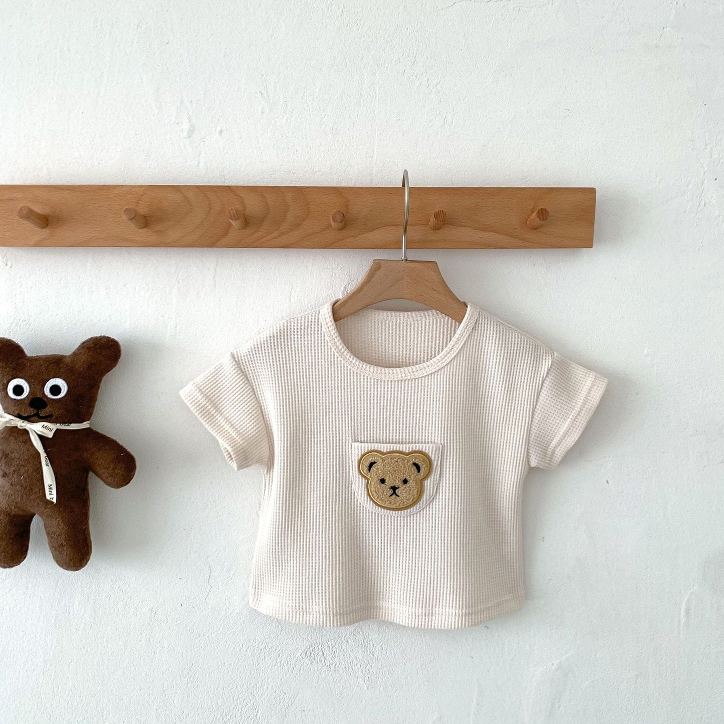 半袖Tシャツ Beige / 6M/66cm ベビー くま ベア ワッペン ワッフル 半袖 Tシャツ トップス ベージュ ブラウン カーキ ボーイズ 5693B