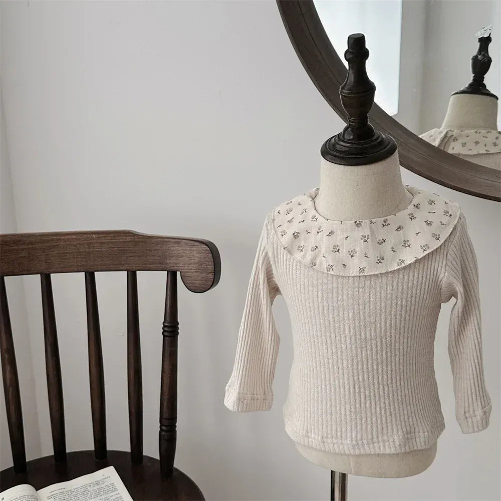 長袖Tシャツ Beige / 6M  66CM ベビートップス フラワープリントラッフル襟長袖Tシャツカットソー【mh0008545】