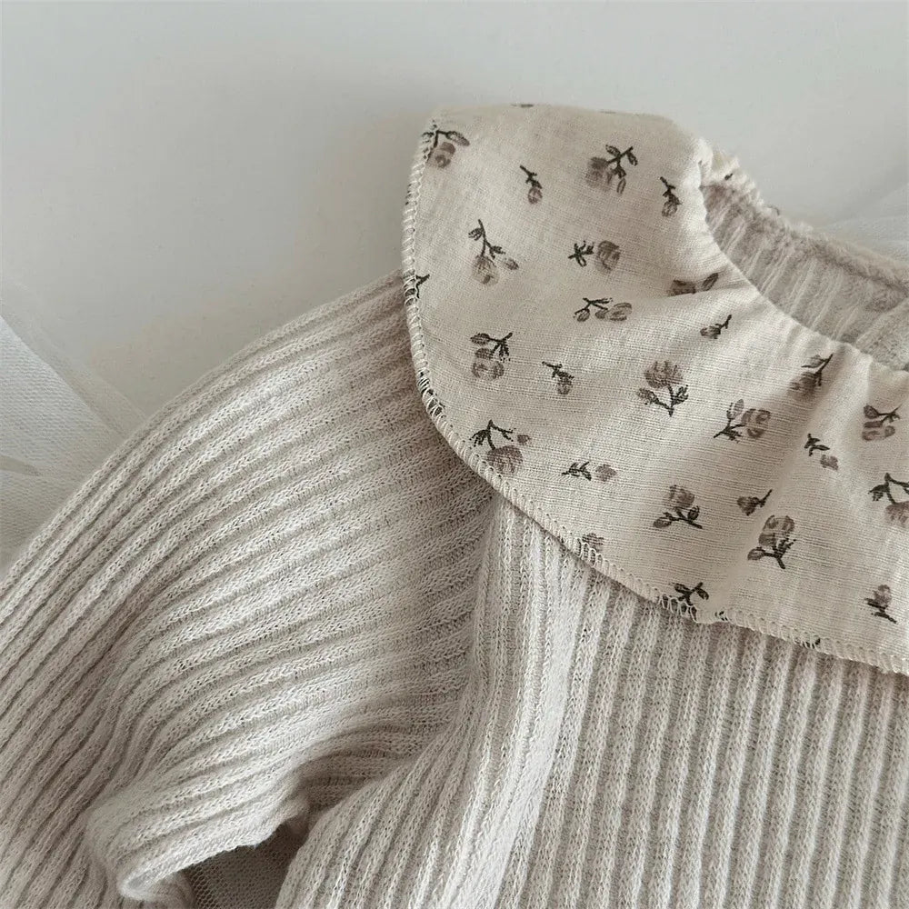 長袖Tシャツ Beige / 6M  66CM ベビートップス フラワープリントラッフル襟長袖Tシャツカットソー【mh0008545】