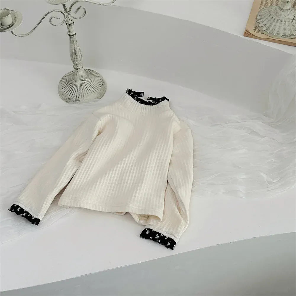 長袖Tシャツ Beige / 73cm ベビートップス フラワープリントアクセント裏フリースハイネック長袖Tシャツ【mh0007723】