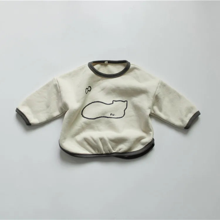 長袖Tシャツ Beige / 80cm キッズスウェットシャツ 裏起毛 ねこ 猫プリント パッチワーク スウェットトップス 2カラー ユニセックス 男の子 女の子 子供服