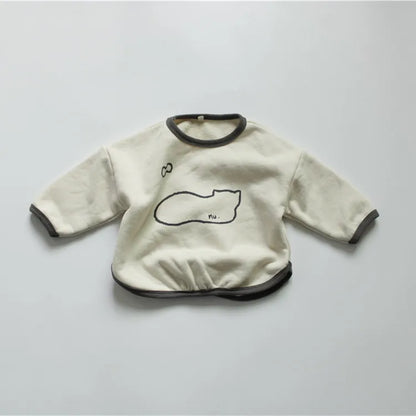 長袖Tシャツ Beige / 80cm キッズスウェットシャツ 裏起毛 ねこ 猫プリント パッチワーク スウェットトップス 2カラー ユニセックス 男の子 女の子 子供服