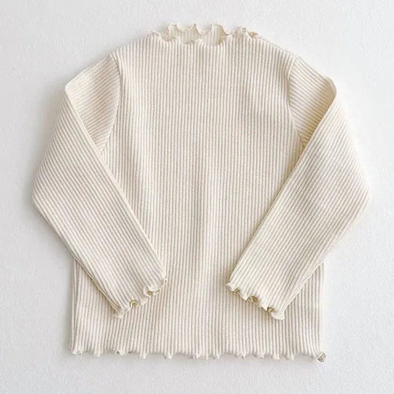 長袖Tシャツ beige / 80cm / 取り寄せ（3〜14日） ☺︎ キッズトップス フリルネック 長袖カットソー Tシャツ 無地 フラワー花柄プリント