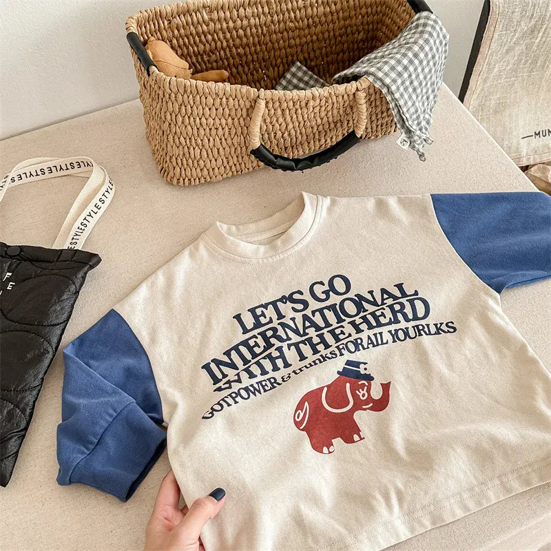 長袖Tシャツ beige / 80cm キッズトップス 長袖Tシャツ パッチワーク 象エレファントプリント ベージュ/グレー/2カラー