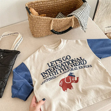 長袖Tシャツ beige / 80cm キッズトップス 長袖Tシャツ パッチワーク 象エレファントプリント ベージュ/グレー/2カラー
