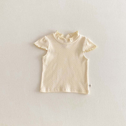 半袖Tシャツ Beige / 80cm フリルスタンドカラー半袖Tシャツ【mh0010348】