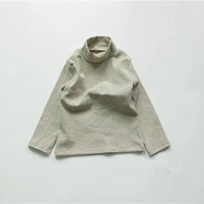 キッズ用ボーダー長袖ハイネックTシャツ 生成りベージュ