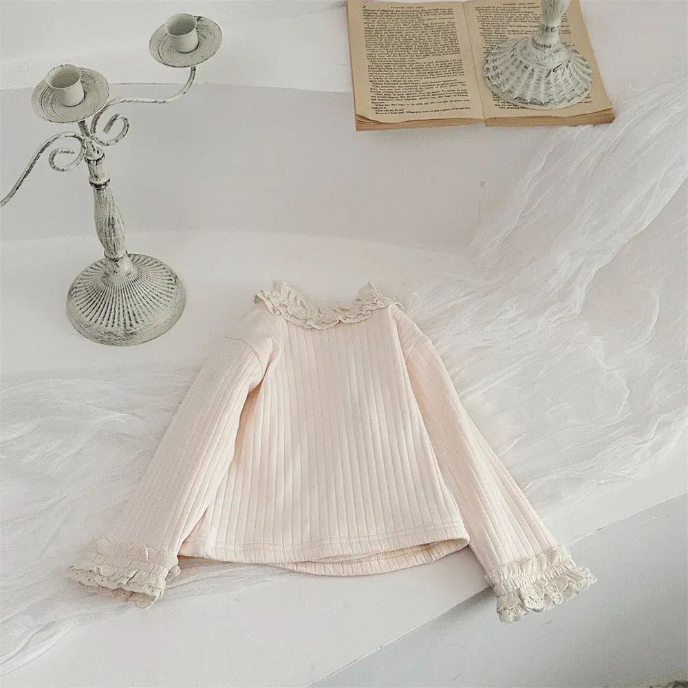 長袖Tシャツ Beige / 9M  73CM ベビートップス ネック袖レースフリル裏フリース厚手長袖カットソーTシャツ【mh0007832】