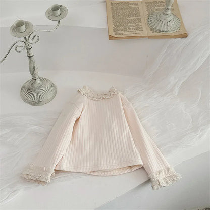 長袖Tシャツ Beige / 9M  73CM ベビートップス ネック袖レースフリル裏フリース厚手長袖カットソーTシャツ【mh0007832】