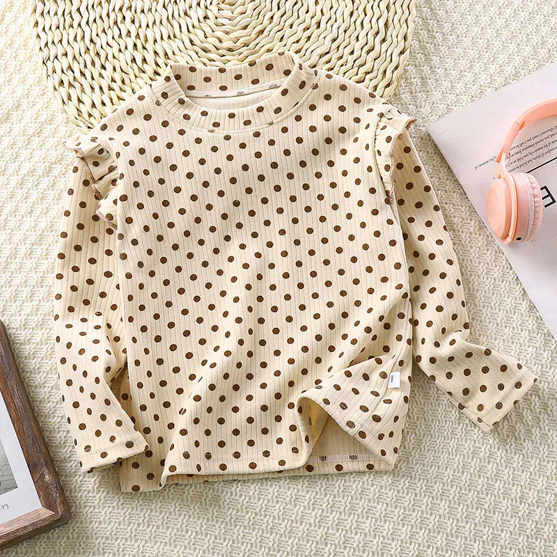 長袖Tシャツ beige dots / 90cm キッズジュニアトップス ショルダーフリル 長袖Tシャツ フラワー花柄/ハートプリント【mh0006450】