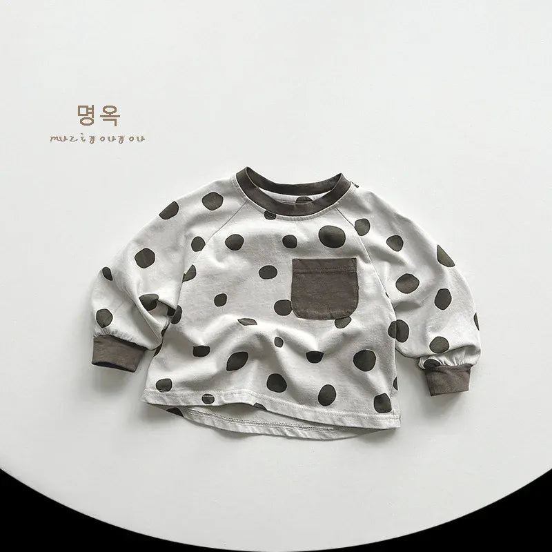長袖Tシャツ beige gray / 12M  80cm / 取り寄せ（7〜21日） キッズトップス 長袖Tシャツ 水玉ポルカドットプリント ポケット 2カラー