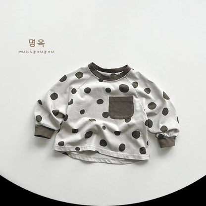 長袖Tシャツ beige gray / 12M  80cm / 取り寄せ（7〜21日） キッズトップス 長袖Tシャツ 水玉ポルカドットプリント ポケット 2カラー