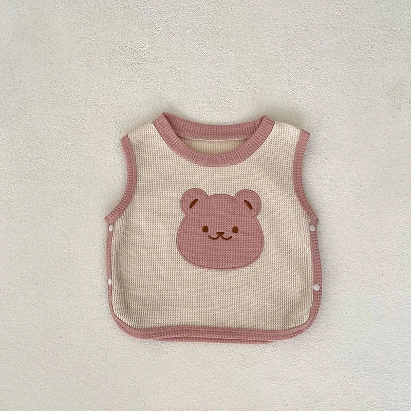 長袖Tシャツ beige vest / 66cm ベビー長袖Tシャツ レギンスパンツ ベスト ビブ ワッフル くま ベア ピンク ベージュ ユニセックス 男の子 女の子 子供服