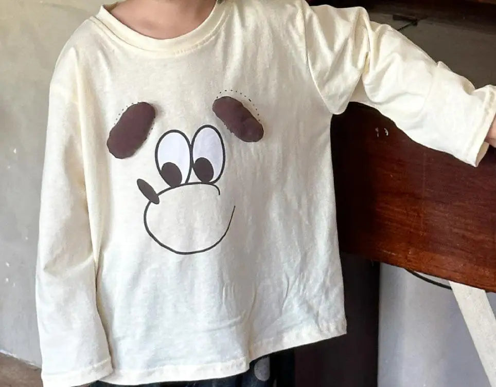 長袖Tシャツ beige white / 12M  80cm キッズトップス 長袖Tシャツ 犬ドッグアップリケ 2カラー