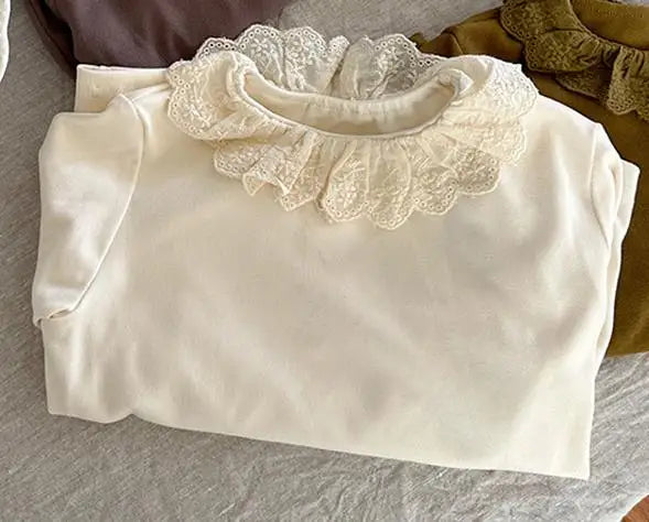 長袖Tシャツ Beige White / 24M  90CM キッズトップス ラッフルレース襟長袖Tシャツ【mh0008241】