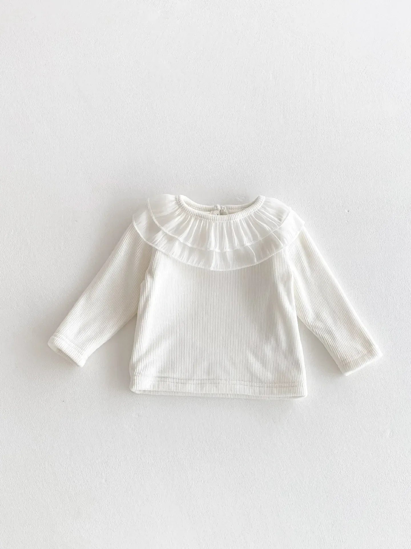 長袖Tシャツ Beige White / 6M  66CM ベビートップス ダブルラッフル襟裏フリース長袖Tシャツブラウス【mh0008206】