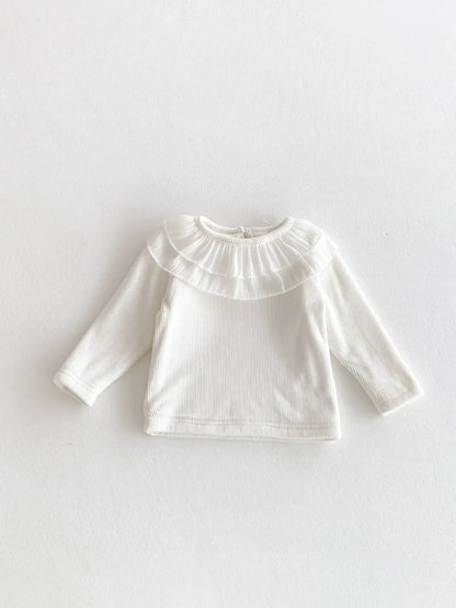 長袖Tシャツ Beige White / 6M  66CM ベビートップス ダブルラッフル襟裏フリース長袖Tシャツブラウス【mh0008206】