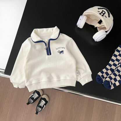 長袖Tシャツ Beige White / 9M  73CM ベビーキッズトップス ハーフジップ スウェットシャツ 犬ドッグワンポイント【mh0004348】