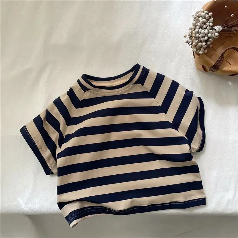 半袖Tシャツ Black / 12M  80CM キッズトップス ショートスリーブ Tシャツ コットン ベビー 男女兼用 カジュアル ストライプ柄【mh0005559】