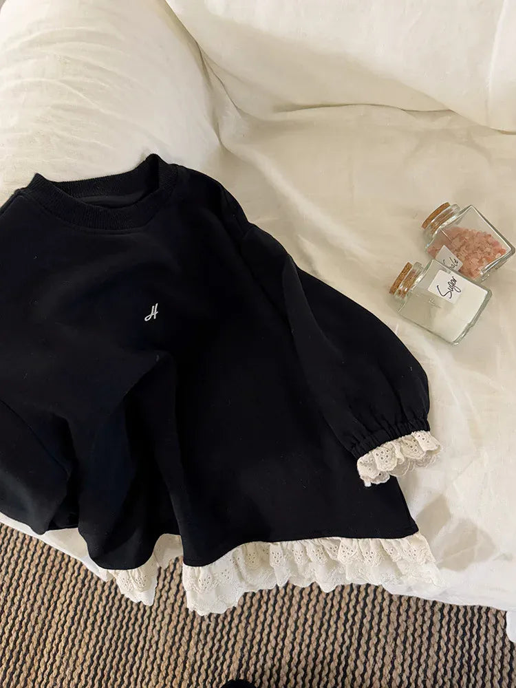 長袖Tシャツ black / 2T (90) キッズトップス 裾レースフリル長袖チュニックスウェットTシャツ【mh-0008672】