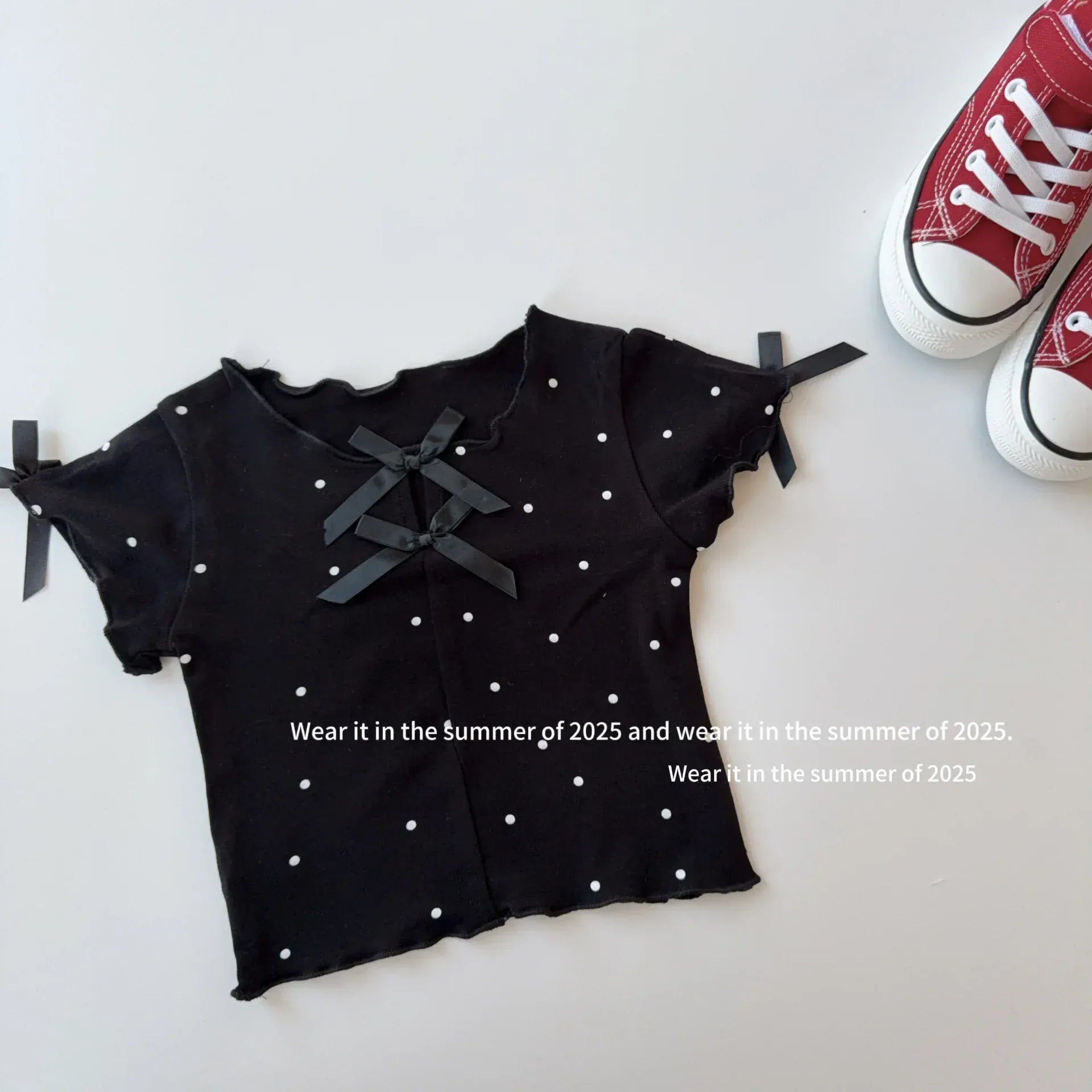 半袖Tシャツ black / 2T (90) キッズトップス 水玉ドットプリントリボン半袖カットソーTシャツ【mh0008889】