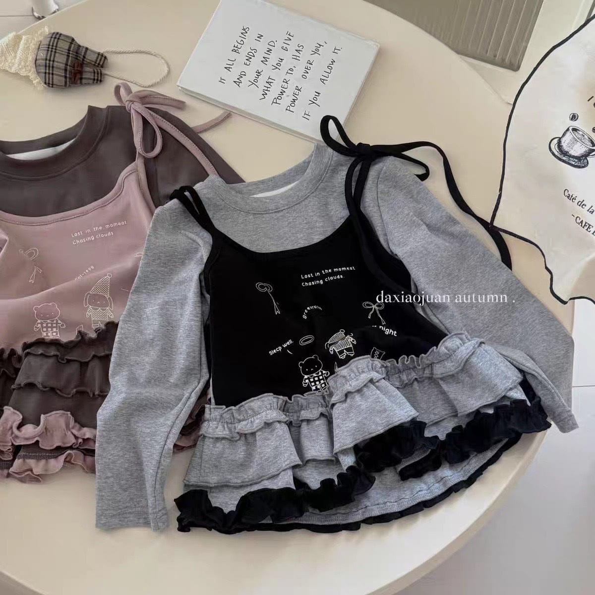 長袖Tシャツ Black / 73cm フェイクレイヤードフリルキャミソールドッキング長袖Tシャツ【mh0011024】