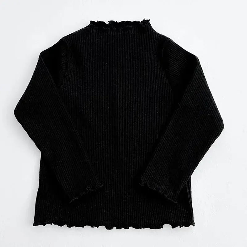 長袖Tシャツ black / 80cm / 取り寄せ（3〜14日） ☺︎ キッズトップス フリルネック 長袖カットソー Tシャツ 無地 フラワー花柄プリント