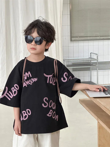 半袖Tシャツ Black / 90cm 1-2y / 取り寄せ（7〜35日） キッズトップス 半袖Tシャツ ルーズビッグシルエット レターロゴプリント ホワイト/ブラック/カーキ/3カラー