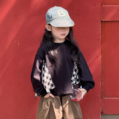 長袖Tシャツ Black / 90cm サイドチェックフリル長袖スウェットシャツ【mh0010584】