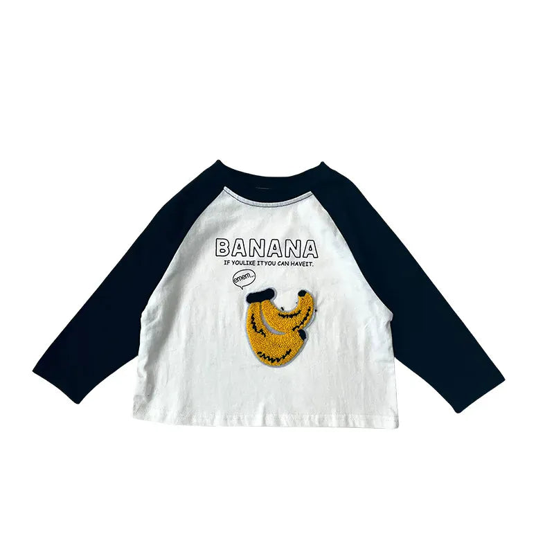 長袖Tシャツ black / 90cm キッズトップス 長袖Tシャツ ロンT ラグランパッチワーク ポップコーンケーキバナナ刺繍 4カラー