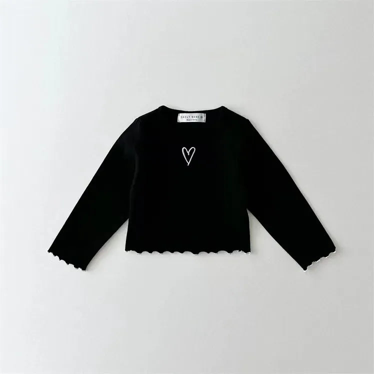 長袖Tシャツ Black / 9M  73CM キッズトップス ハートワンポイントフリル長袖Tシャツ【mh0008790】