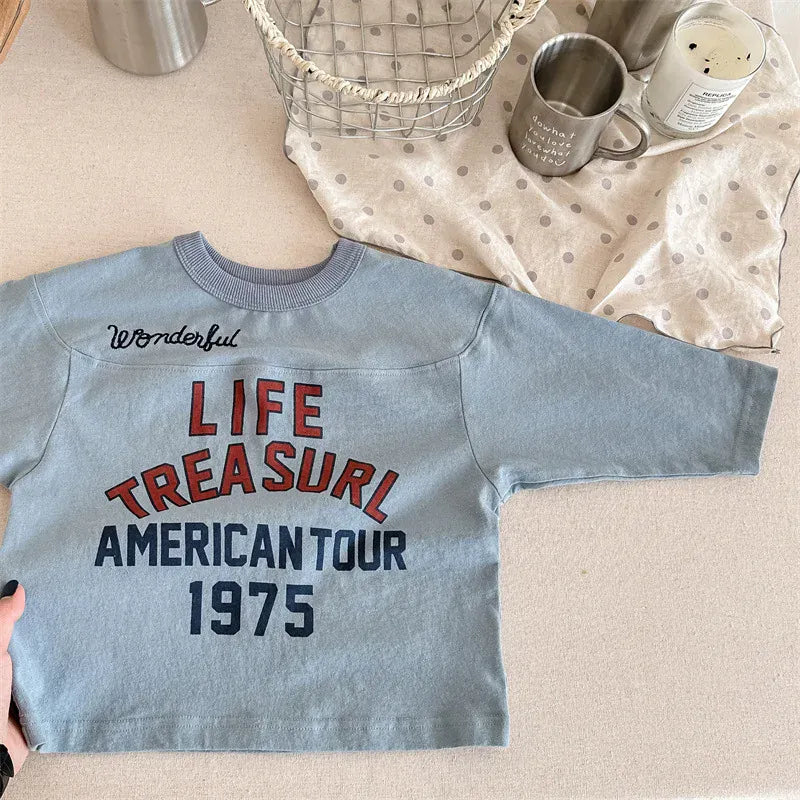 長袖Tシャツ blue / 12M  80cm キッズトップス レターロゴプリント切り替え長袖Tシャツ 3カラー