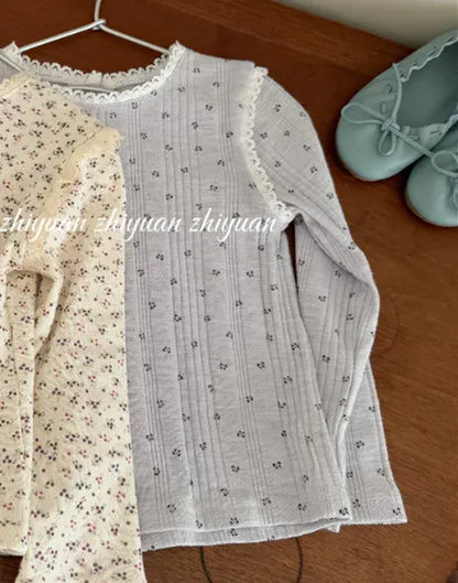 長袖Tシャツ blue / 2T (90) キッズトップス フラワー花柄プリントレース縁取り長袖Tシャツ【mh-0008676】