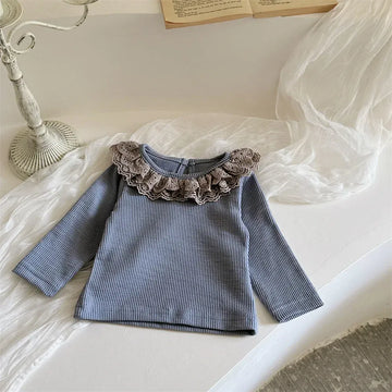 長袖Tシャツ Blue / 66cm 0-6m ベビートップス ボリュームレースラッフル襟長袖カットソーTシャツ 2カラー【mh0007390】
