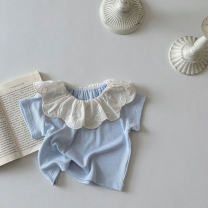 半袖Tシャツ Blue / 6M  66CM ベビートップス 半袖Tシャツ ビッグレースサークル襟 2カラー【mh0006317】