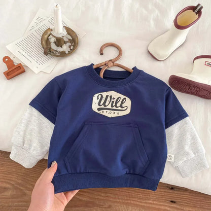 長袖Tシャツ blue / 73cm ベビートップス ドッキング 長袖スウェットシャツ レターロゴプリント オレンジ/ブルー/2カラー