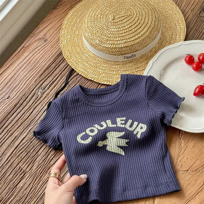 半袖Tシャツ blue / 80cm キッズトップス 半袖リブTシャツ レターロゴプリント 3カラー