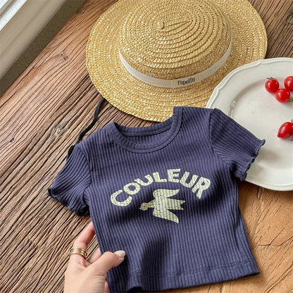 半袖Tシャツ blue / 80cm キッズトップス 半袖リブTシャツ レターロゴプリント 3カラー