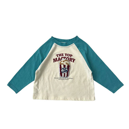 長袖Tシャツ blue / 90cm キッズトップス 長袖Tシャツ ロンT ラグランパッチワーク ポップコーンケーキバナナ刺繍 4カラー