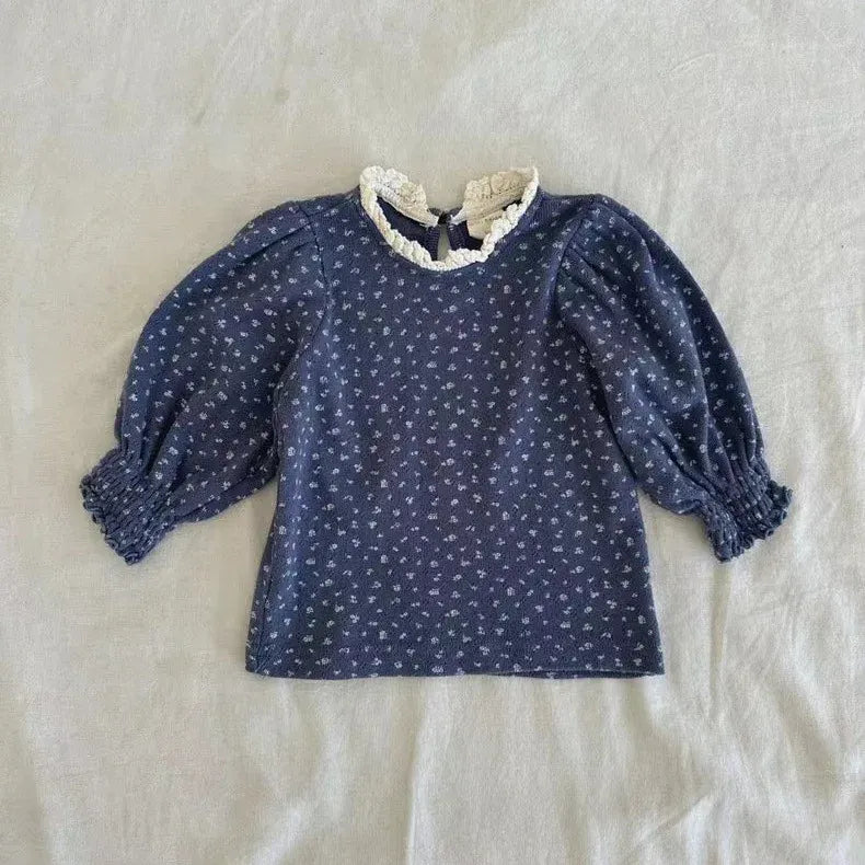 長袖Tシャツ Blue / 9M  73CM ベビートップス フラワー小花柄プリントレース長袖パフスリーブTシャツ【mh0008724】