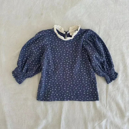 長袖Tシャツ Blue / 9M  73CM ベビートップス フラワー小花柄プリントレース長袖パフスリーブTシャツ【mh0008724】