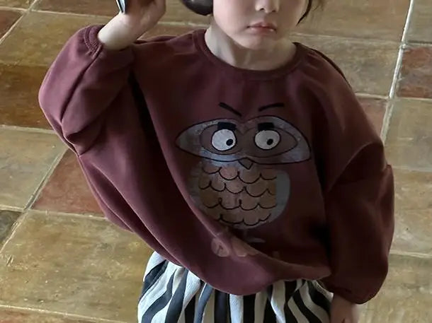 長袖Tシャツ brown / 24M  90CM キッズトップス 長袖フクロウプリントスウェットシャツトレーナー 3カラー