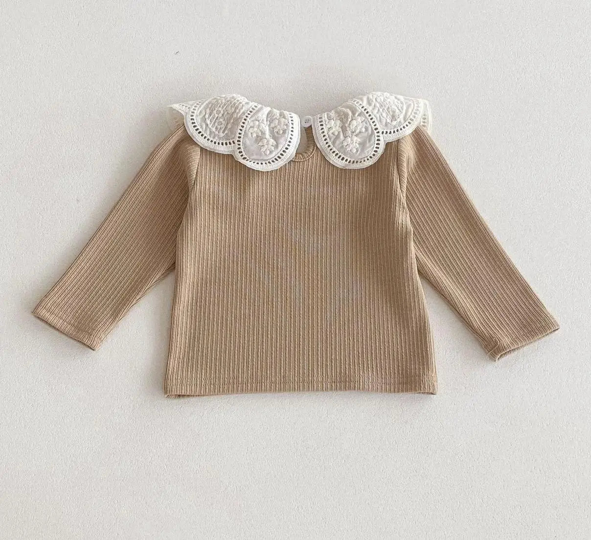 長袖Tシャツ Brown / 6M  66CM ベビートップス 長袖Tシャツ フラワーレース襟 3カラー【mh0006370】