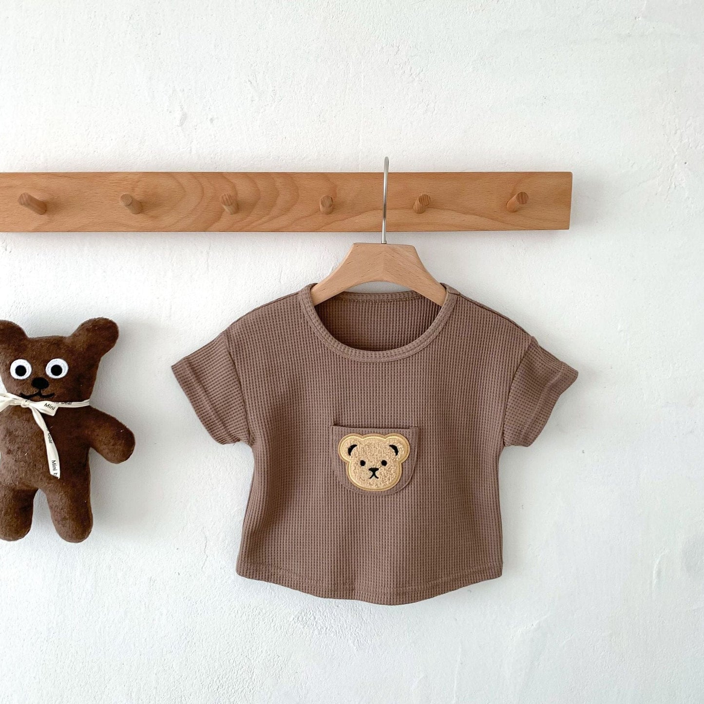 半袖Tシャツ Brown / 6M/66cm ベビー くま ベア ワッペン ワッフル 半袖 Tシャツ トップス ベージュ ブラウン カーキ ボーイズ 5693B