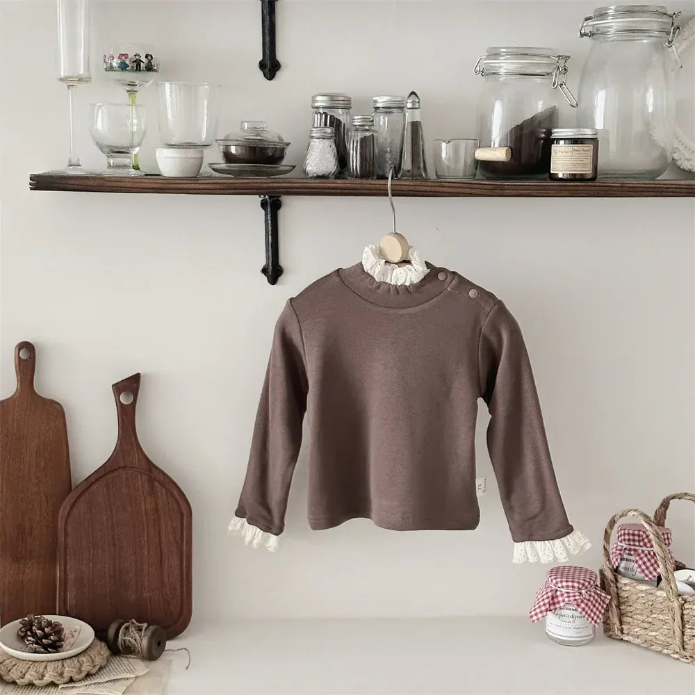 長袖Tシャツ Brown / 9M  73CM ベビートップス レースフリルハイネック長袖Tシャツ【mh0008028】