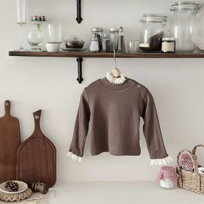 長袖Tシャツ Brown / 9M  73CM ベビートップス レースフリルハイネック長袖Tシャツ【mh0008028】