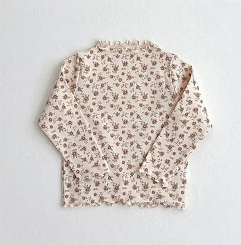 長袖Tシャツ brown floral / 80cm / 取り寄せ（3〜14日） ☺︎ キッズトップス フリルネック 長袖カットソー Tシャツ 無地 フラワー花柄プリント